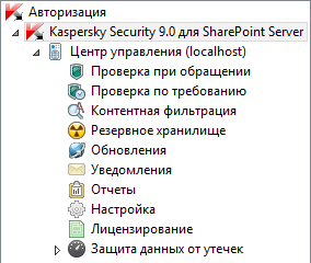 Корневой узел Авторизация Kaspersky Security для SharePoint Server