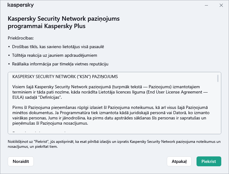 VDAR Kaspersky Security Network paziņojuma piekrišanas logs