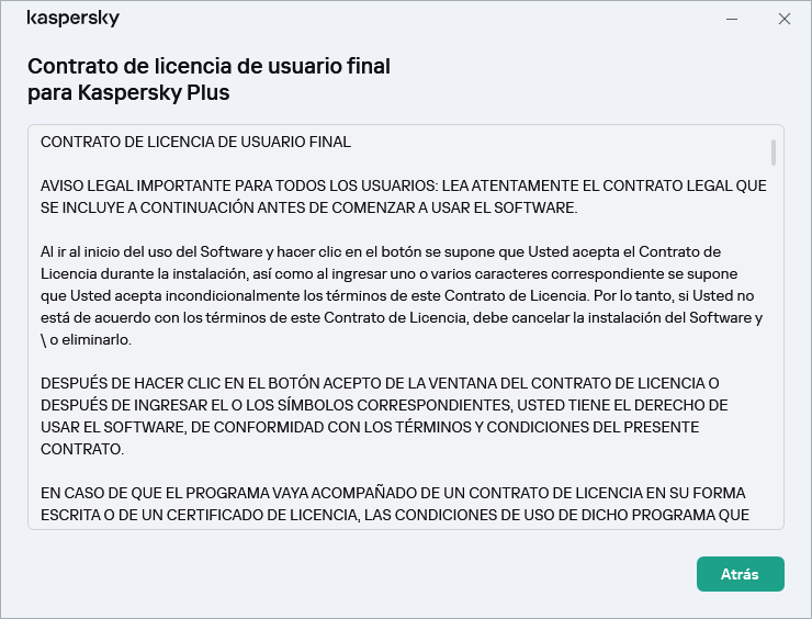 Ventana que contiene el texto del Contrato de licencia de usuario final