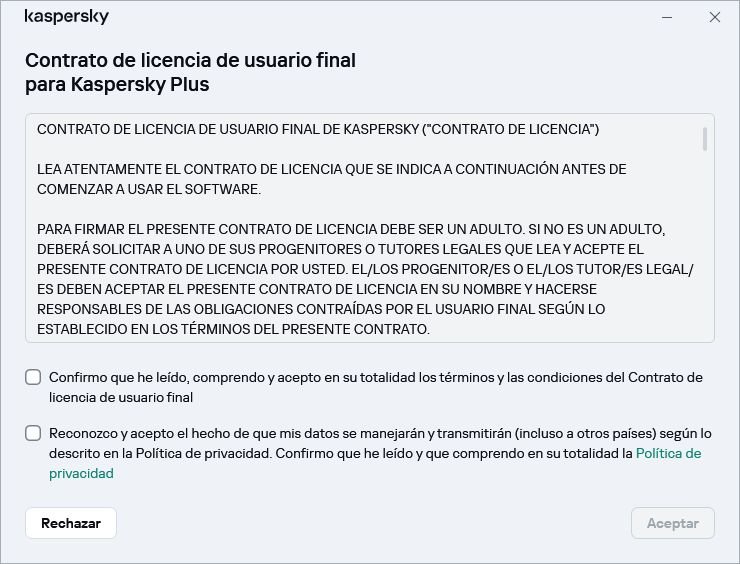 La ventana de aceptación del acuerdo de licencia de GDPR