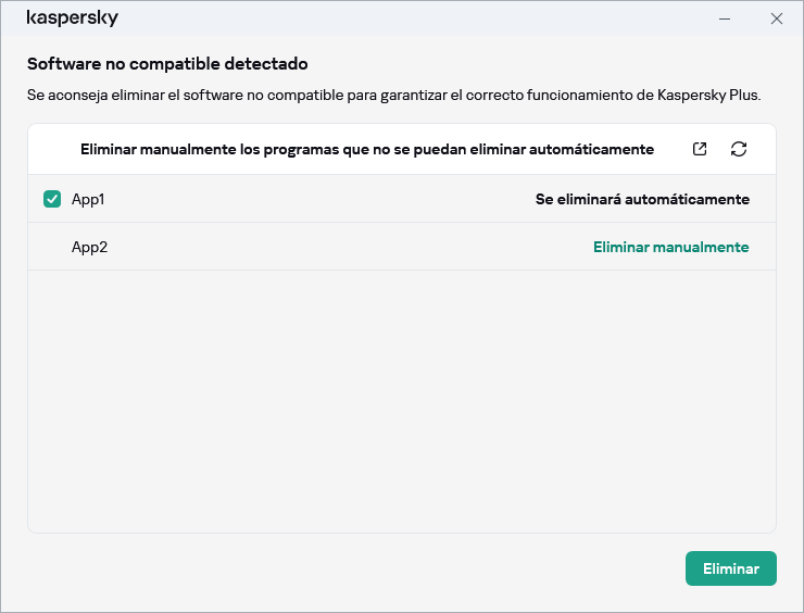Ventana con la lista de aplicaciones incompatibles