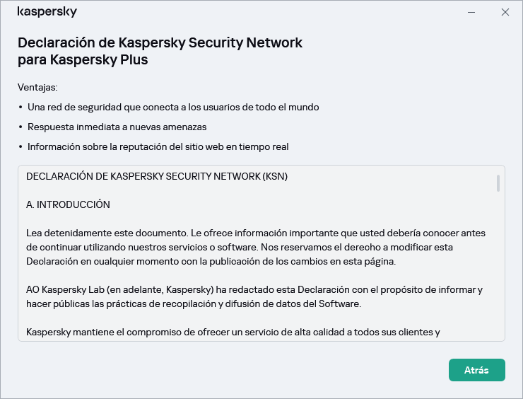 Ventana de aceptación de la declaración de Kaspersky Security Network.