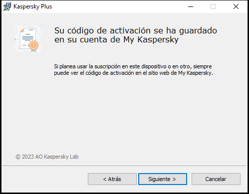 Ventana con suscripción guardada correctamente en la cuenta de My Kaspersky