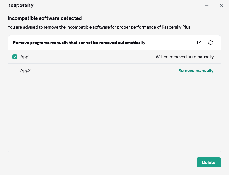 Window with the list of incompatible applications