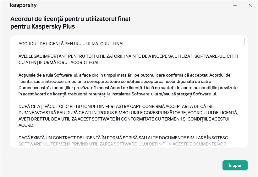 Fereastra conținând textul Acordului de licență pentru utilizatorul final