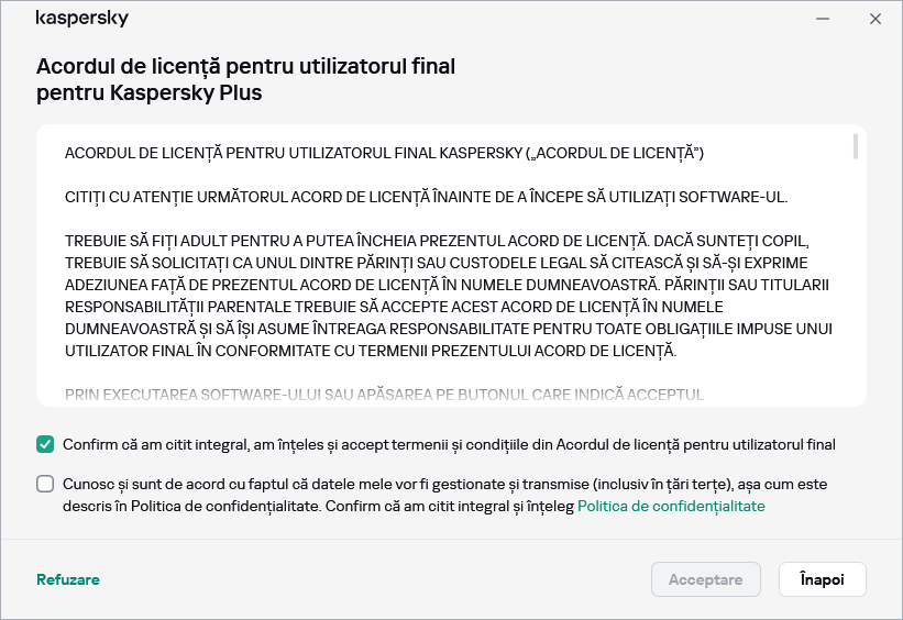 Fereastra de acceptare a acordului de licență GDPR