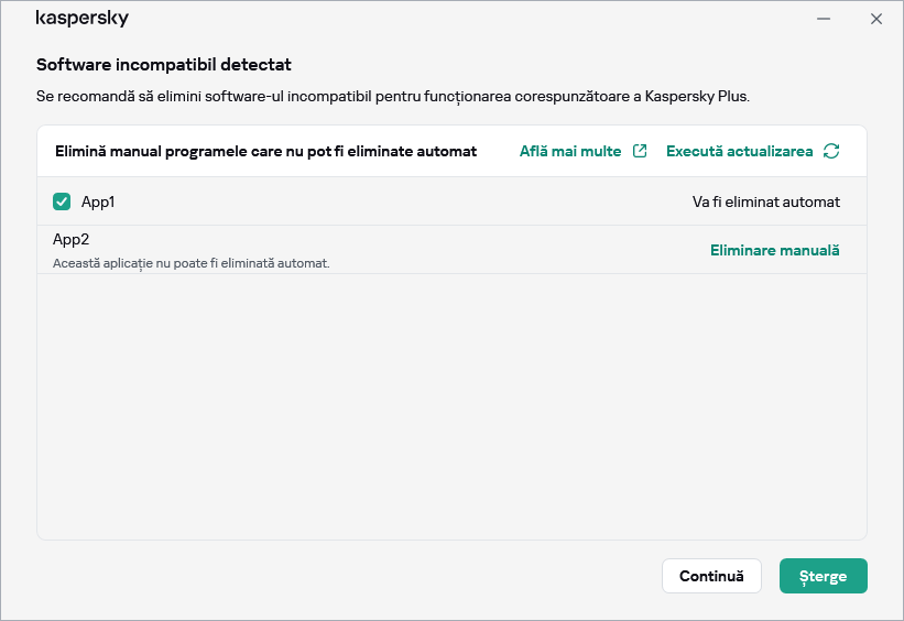 Fereastra cu lista aplicațiilor incompatibile
