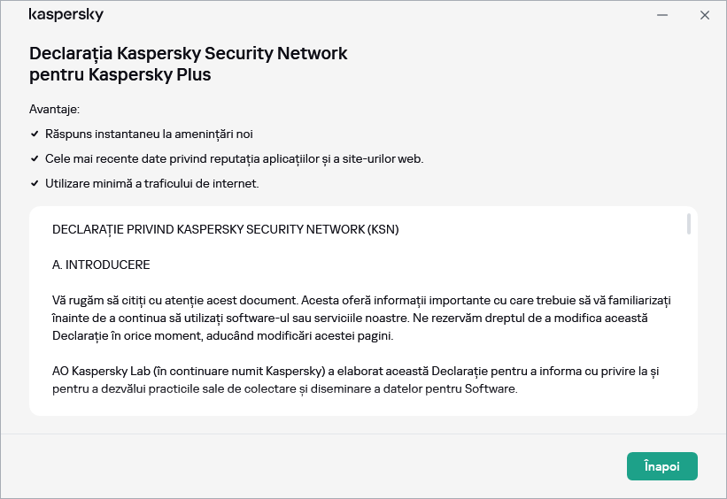 Fereastra de acceptare a Declarației Kaspersky Security Network
