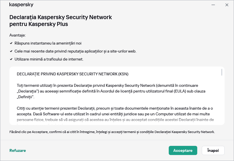 Fereastra RGPD de acceptare a Declarației Kaspersky Security Network
