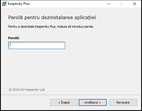 Fereastra pentru introducerea unei parole pentru dezinstalarea aplicației