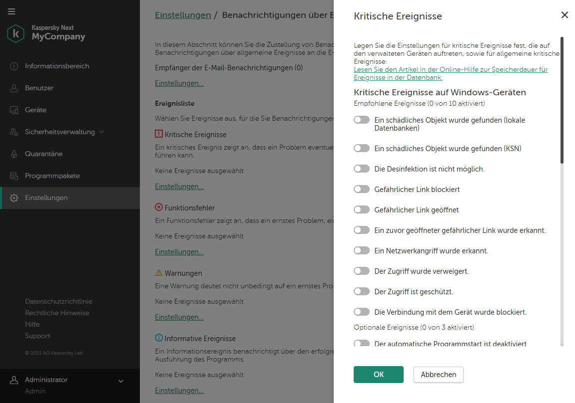 Einstellungen → Fenster "Ereignisbenachrichtigungen". Flyout "Kritische Ereignisse".