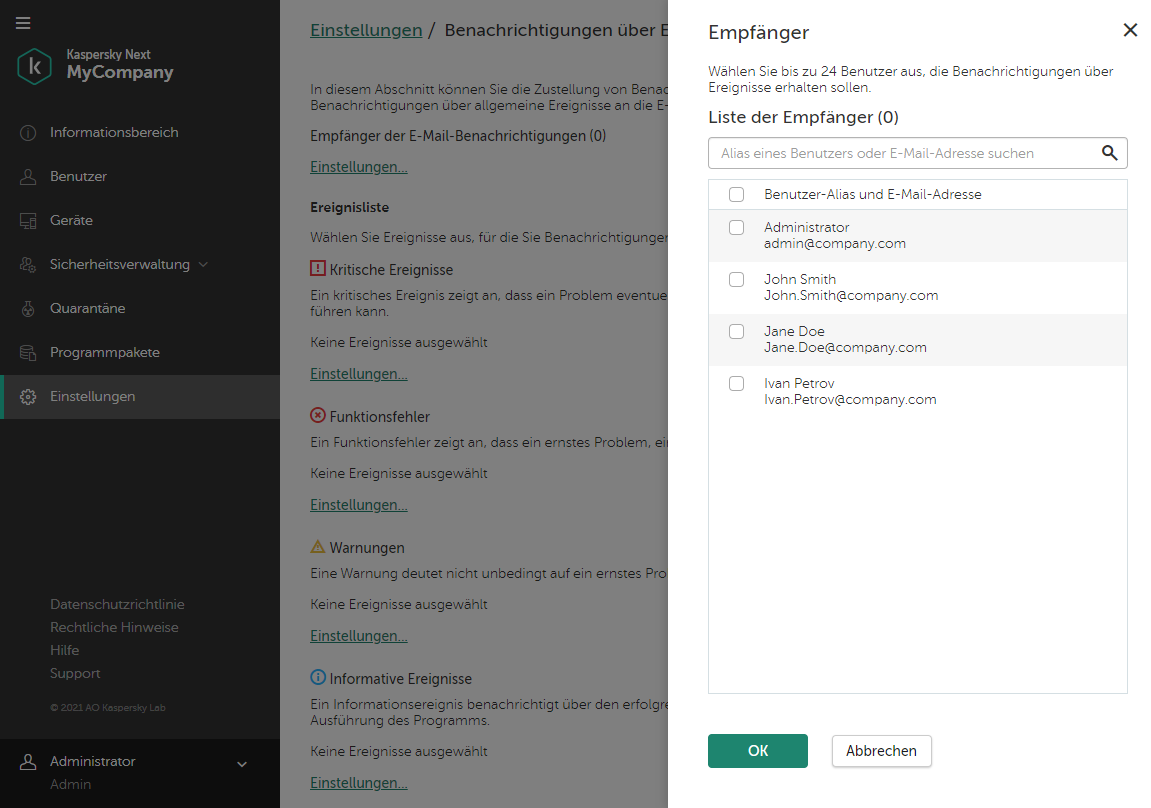 Einstellungen → Fenster "Ereignisbenachrichtigungen". Flyout "Empfänger".