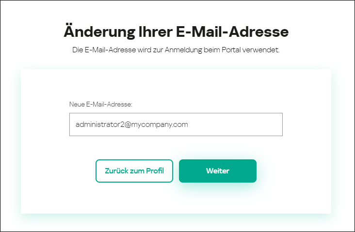 Das Fenster "Benutzerkonto-Einstellungen". Die Registerkarte "E-Mail-Adresse".
